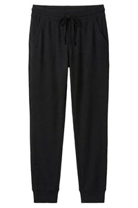 Black Pima cotton jogger pants with drawstring waist and side pockets on white background