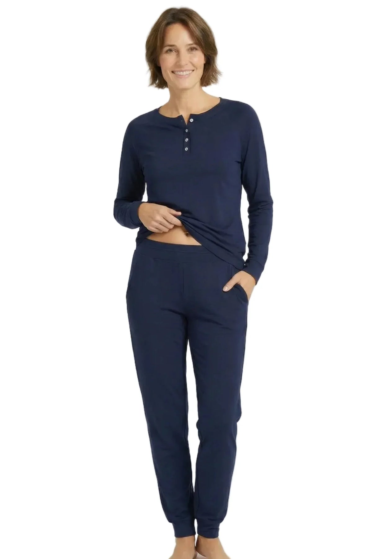 Woman wearing midnight blue long sleeve Pima cotton loungewear set, relaxed fit