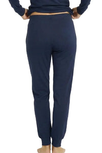 Back view of person wearing midnight blue Pima cotton loungewear pants