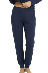 Woman wearing midnight blue Pima cotton loungewear jogger pants, relaxed fit