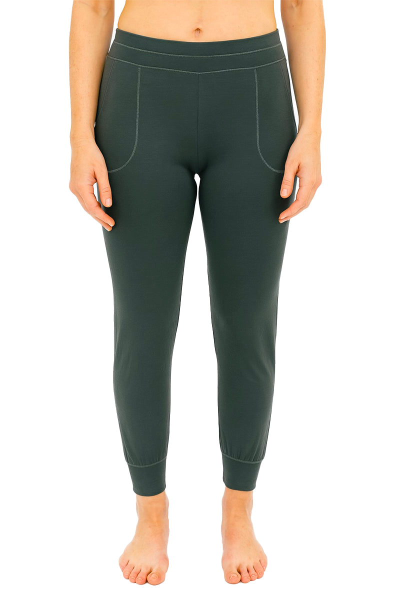 Spruce colored joggers with pockets on a white background