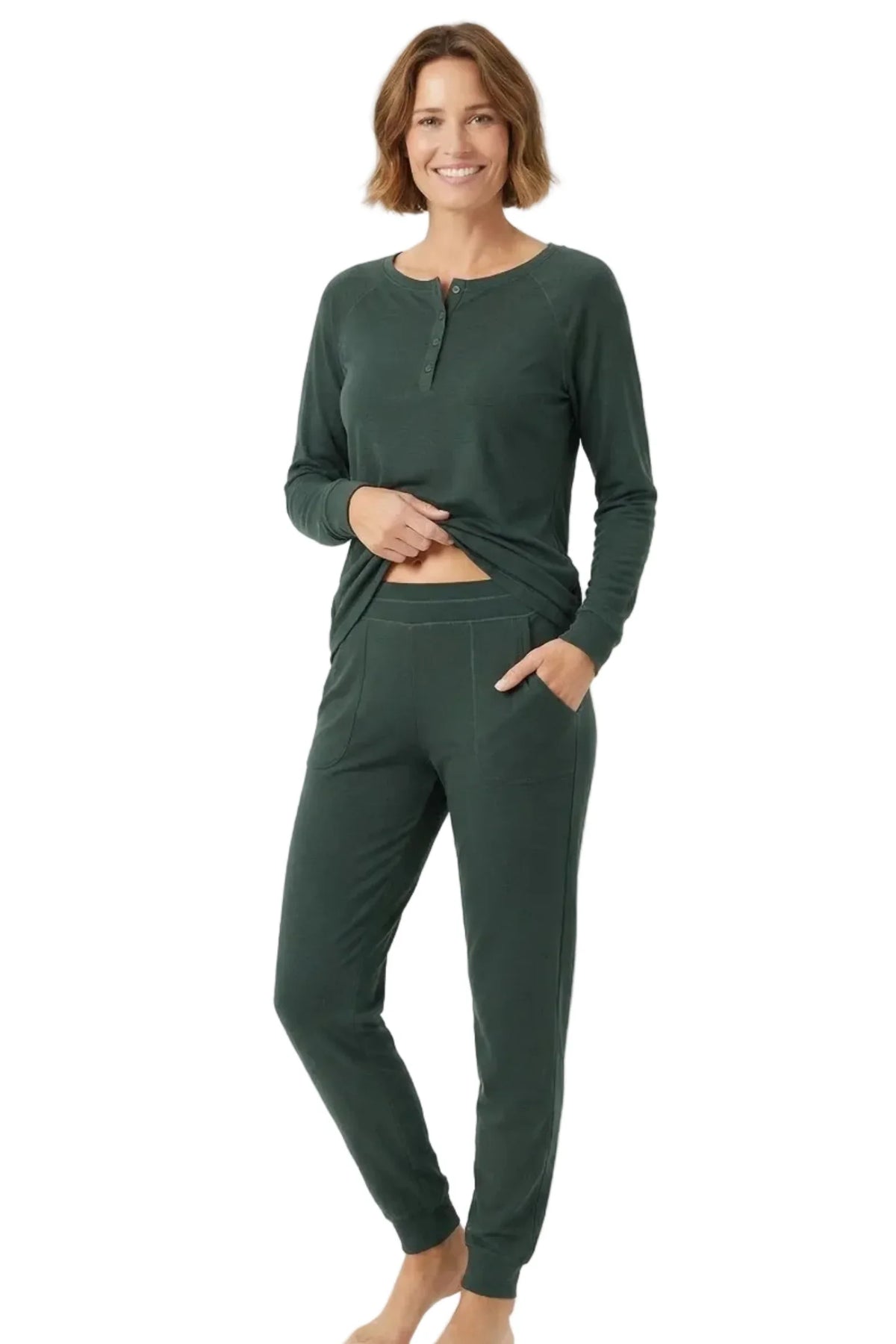 Woman wearing dark green long sleeve Pima cotton loungewear sleepwear set