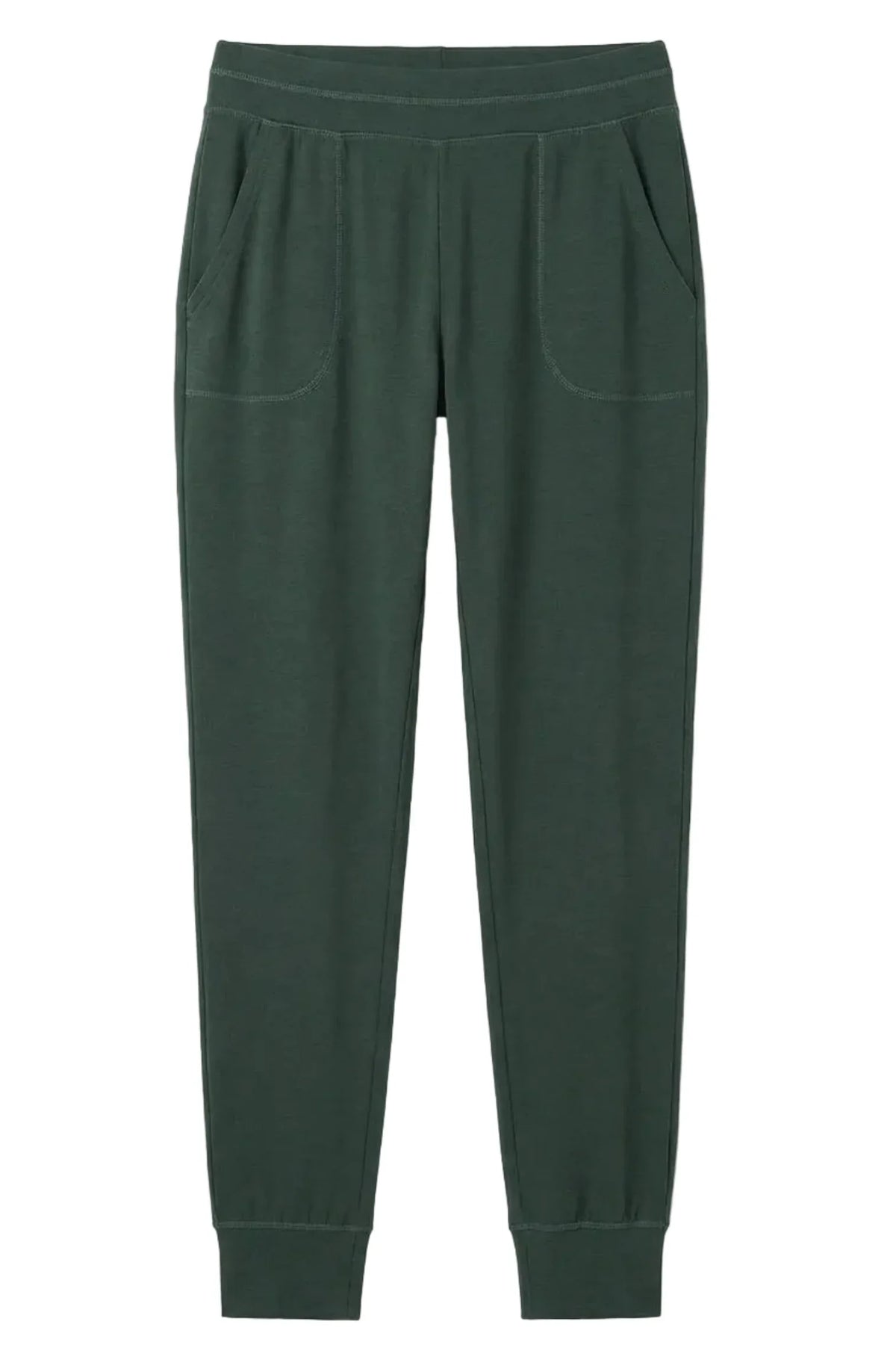 Dark green Pima cotton jogger lounge pants with pockets and cuffed ankles