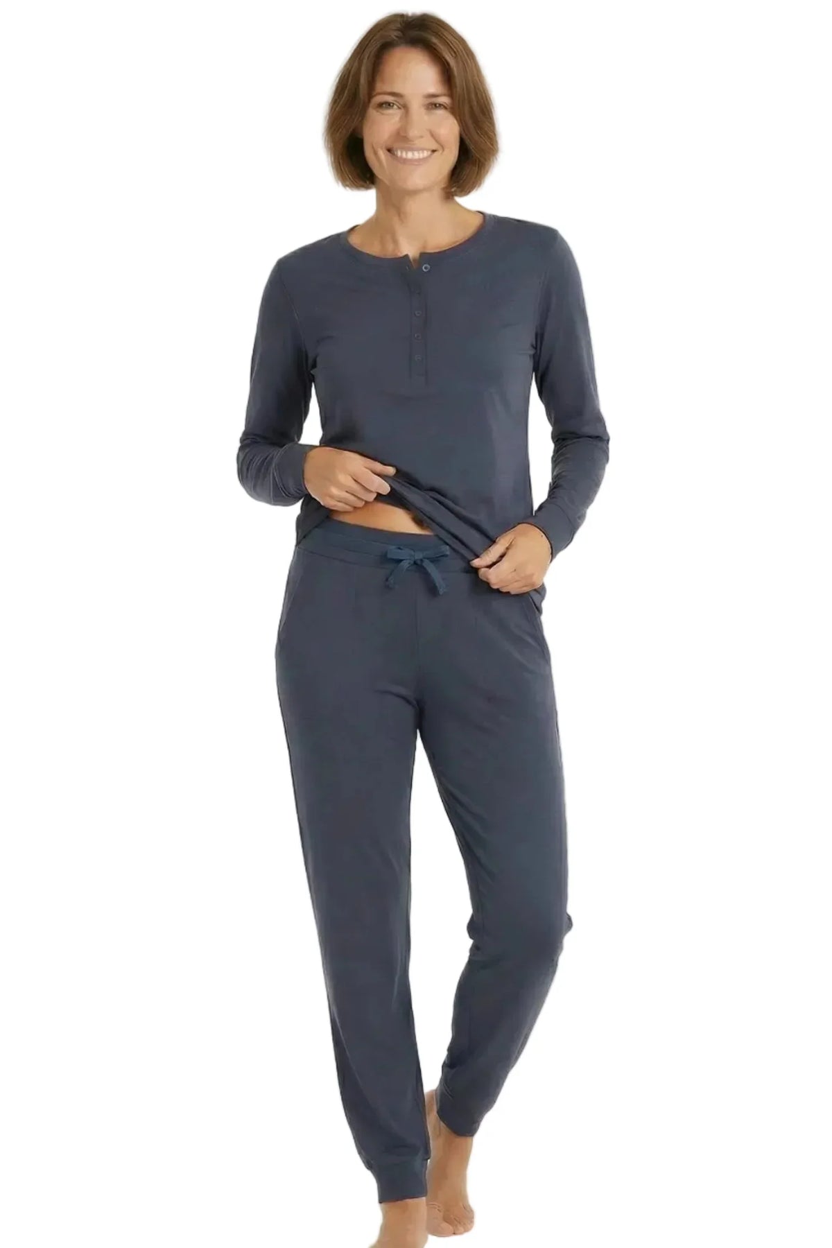 Woman wearing steel blue long sleeve Pima cotton loungewear sleepwear set