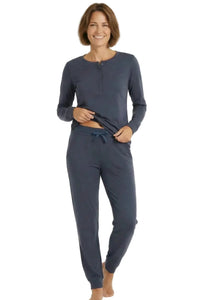 Woman wearing steel blue long sleeve Pima cotton loungewear sleepwear set