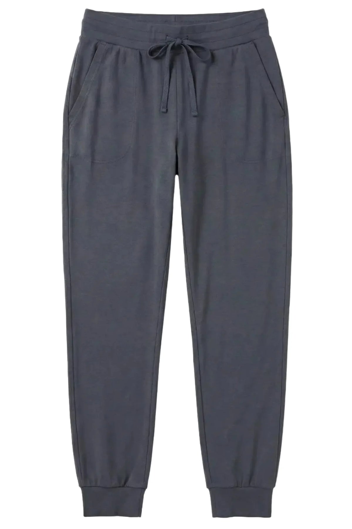 Steel blue loungewear jogger pants with drawstring waist and side pockets on white background