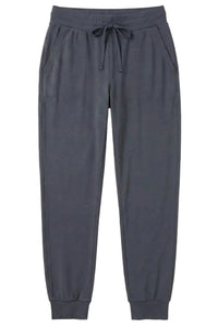 Steel blue loungewear jogger pants with drawstring waist and side pockets on white background