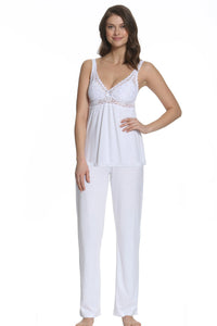 Woman wearing white lace trim Pima cotton loungewear sleepwear set