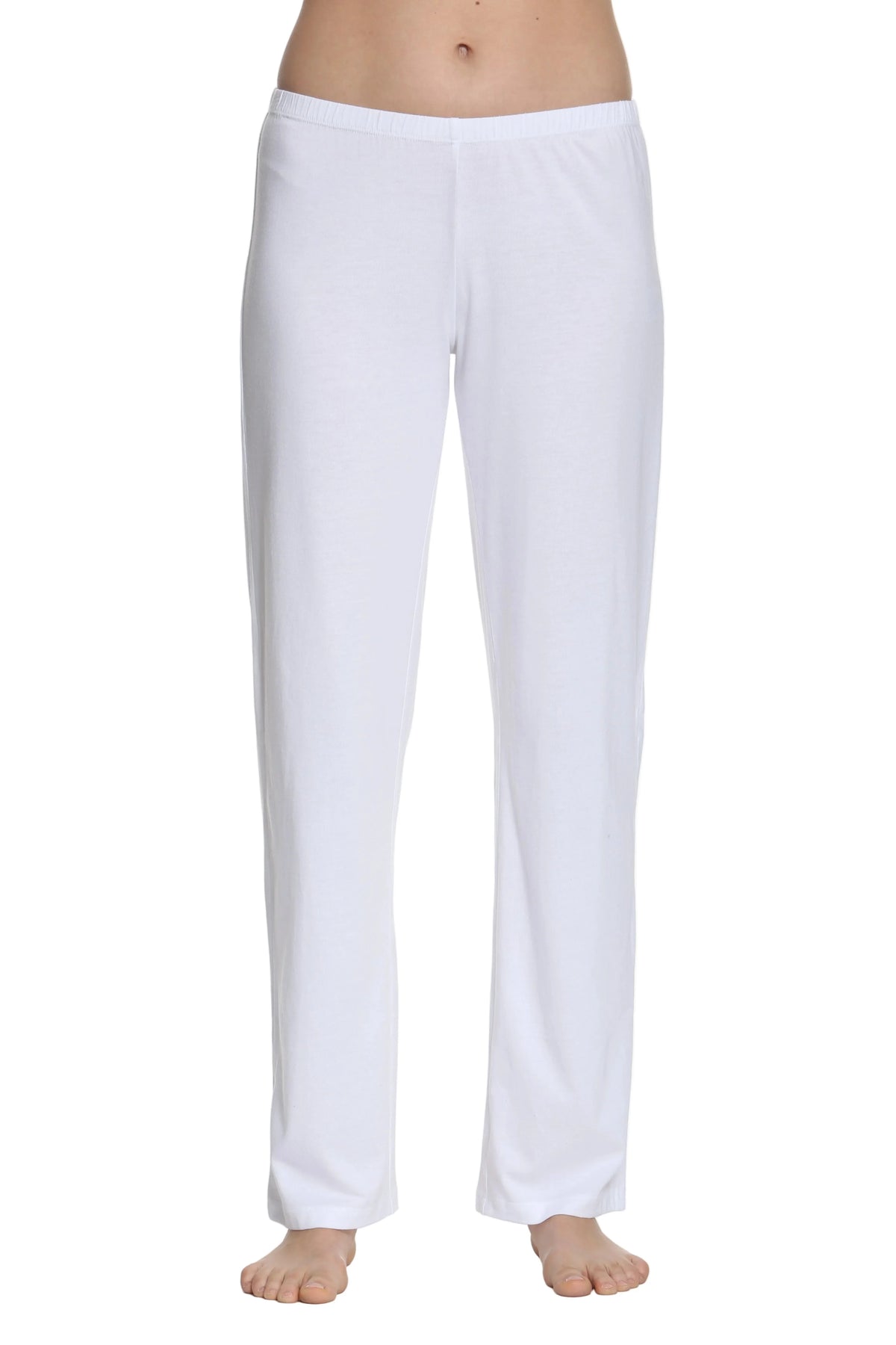 White Pima cotton loungewear sleep pants with elastic waistband, front view
