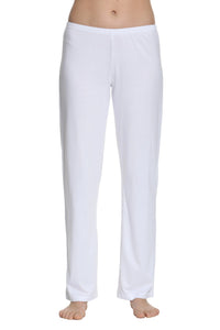 White Pima cotton loungewear sleep pants with elastic waistband, front view