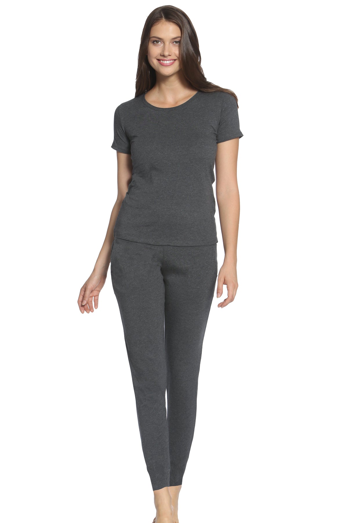 Woman wearing heather charcoal Pima cotton loungewear sleepwear set, short sleeve top and pants