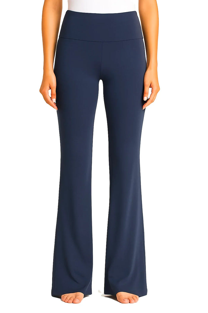 Women's steel blue wide-leg yoga pants with high waistband, barefoot model on white background