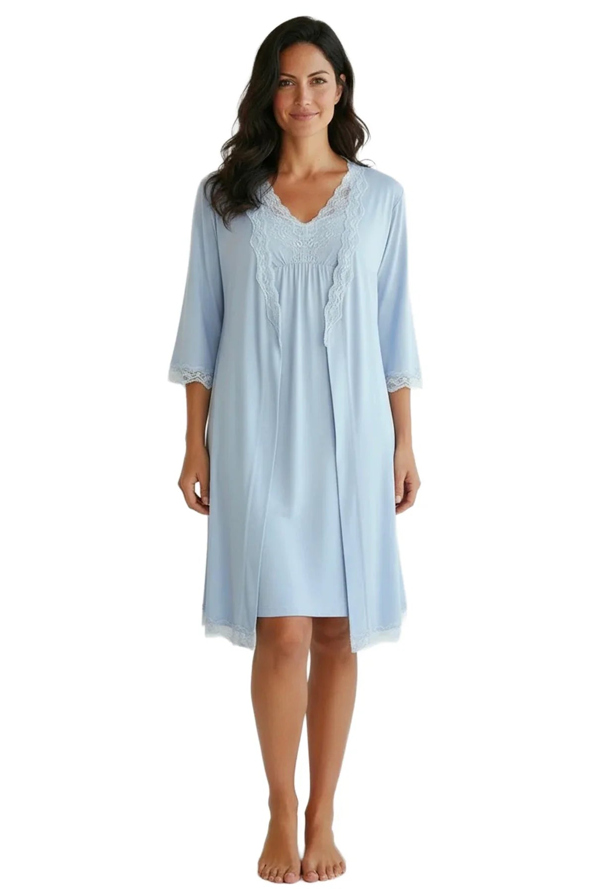 Woman wearing light blue lace-trimmed nightgown and matching robe with three-quarter sleeves