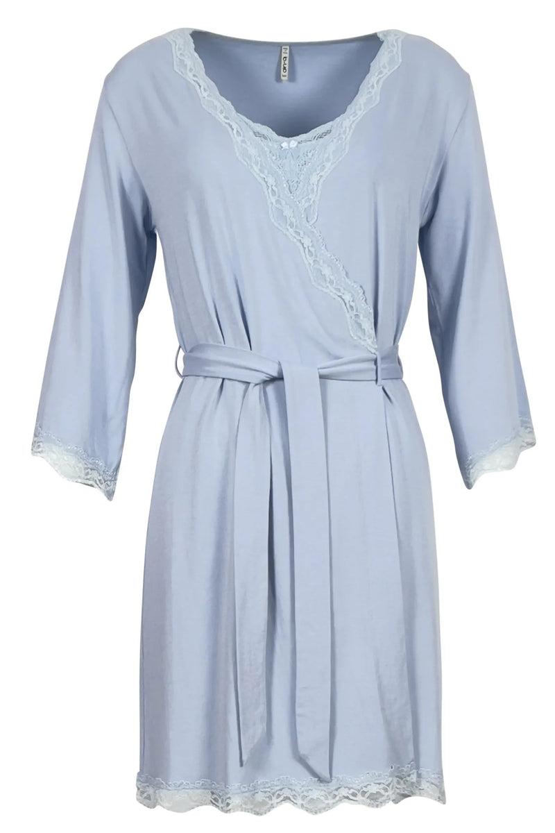 Light blue chambray robe with lace trim and matching belt, three-quarter sleeves