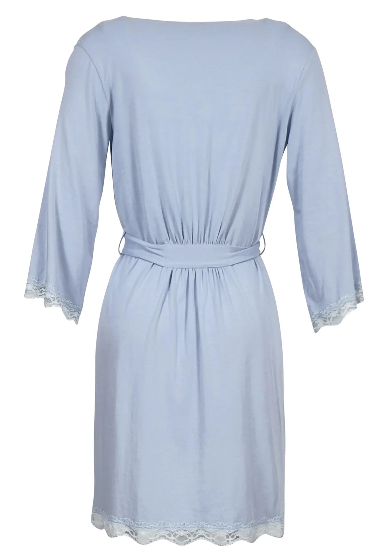 Back view of light blue knee-length robe with lace trim on sleeves and hem, and a waist tie