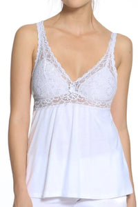 White lace bralette camisole top with scalloped edges and bow detail on female model