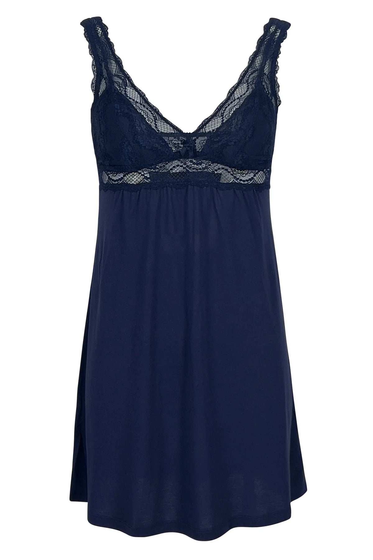Indigo blue sleeveless nightdress with lace detailing on bust and straps