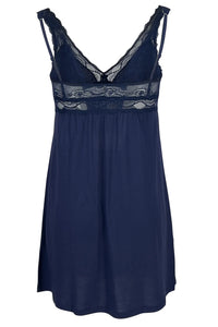 Indigo blue lace trim sleeveless nightdress with adjustable straps isolated on white